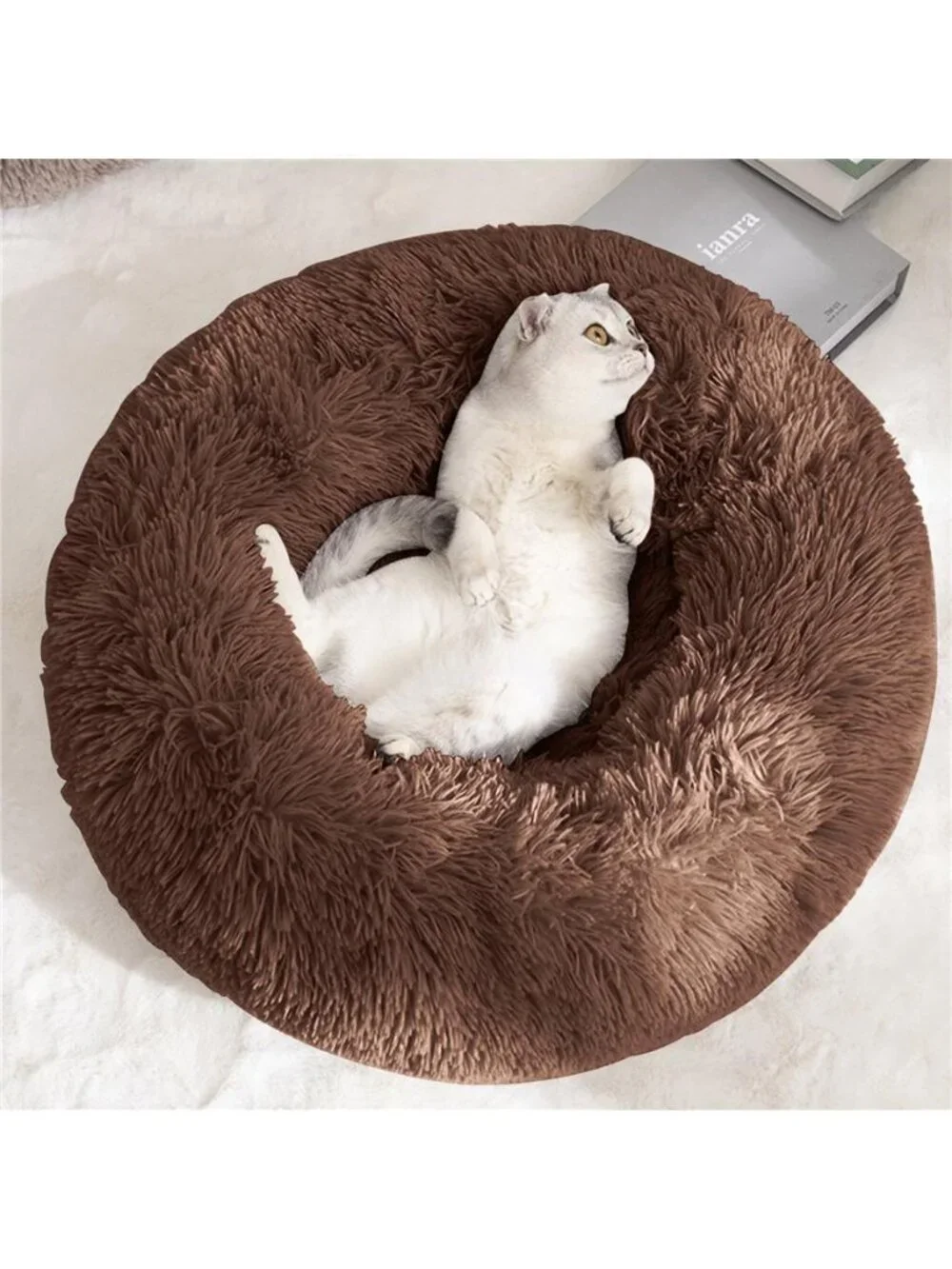 Calming Donut Dog Bed Anti-Anxiety Self Warming Cozy Soft Plush Round 20x20x8